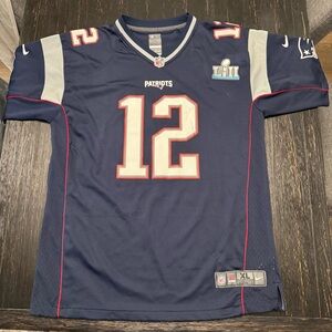 Nike Navy and White Tom Brady Patriots #12 Football Jersey with Red Trim